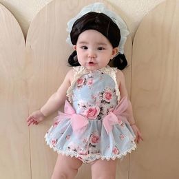 Rompertjes Zomer Lolita Baby Romper Jurk Peuter Meisjes Mouwloos Bloemenprint Backless Strik Jumpsuit Prinses Kruipkleding