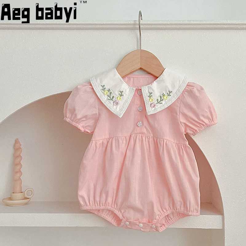 Rompers Summer New Baby Girl Clothing Childrens Baby Girl Short Sleeved Tight Montering Clothes Collar Cotton Baby Jumpsuit D240517