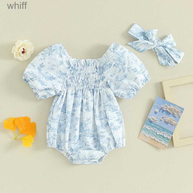 Rompers Summer Newborn Baby Girls Rompers Headband Outfits Floral Print Puff Short Sleeve Square Collar Jumpsuits Playsuits ClothesC24319