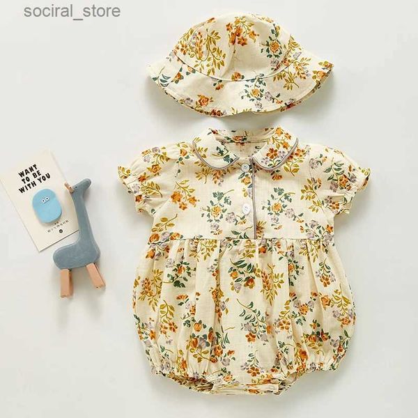 Rompers Summer Romper Niñas recién nacidas Inglinaciones Flores Cabeza floral Algodón al aire libre Niños Baby Sumpsuits Bodysuits Sun Princess L240402