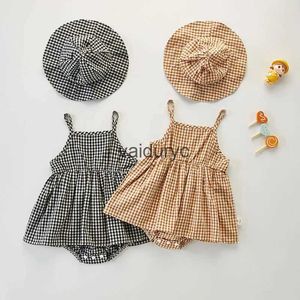 Rompers zomer peuter bodysuit meisje baby sling plaid jurk met hoed baby één stuk H240429