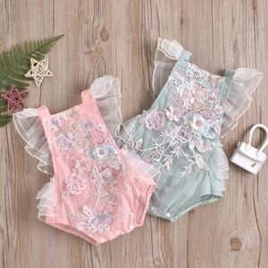 Rompertjes zoete baby baby meisje kant bloem borduurwerk romper gaas ruches mouw backless jumpsuit voor peuter 0-24m