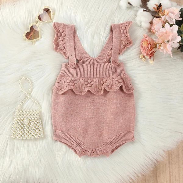 Rompers Sweet Style Born Baby Girls Tricoting Jumpsuit Spring Toddler Vêtements Solid Ruffle sans manches Sweater Crochet Sweater for Kids