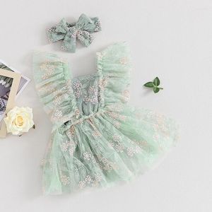 Rompers Sweet Style zomer Babymeisjes kleren Kleine romper Princess Lace Floral Flying Sleeve Bodysuits Tule jurk met hoofdband