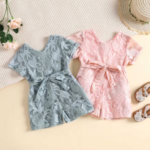 Rompers peuter babymeisjes zomer romper korte mouwen ronde nek kanten bloem korte jumpsuit play suit kleding met riem J220922