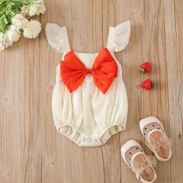 Rompers Toddler Girls Jumpsuits Pak Baby Solid Color Flying Sleeve Bodysuit Zomer Red Bow Decor Jumpsuits Babykleding J220922