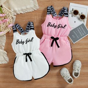 Rompertjes Peuter Kids Baby Meisjes Zomer Romper Mouwloze Ronde Hals Brief Print Korte Jumpsuit Elastische Taille Kleding 9M4T 230607