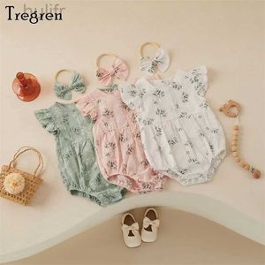 Rompers trigren 0-24m schattige zomer babykleding peuter meisjes katoenen vlieg mouw bloemenprint romper top haarband 2 stks outfits d240425