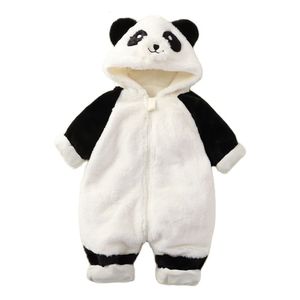 Rompertjes unisex babykleding sneeuwpak baby schattig cartoon panda winterjas met capuchon warme flanel voering romper voor jongens meisjes 230925