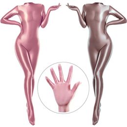 Mamelucos Unisex Wetlook Zentai Mono de satén brillante Mujeres Hombres Mono completo con guantes de 5 dedos Traje de fiesta ajustado Traje fresco COSPLA