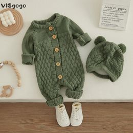 Rompers Visgogo Baby 2pcs Winter Jumpsuit Outfits Infant Boys Girls Kleding Lange Mouw Solid Color Gebreide romper Bear Hat Set 230316