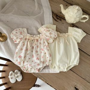 Rompers Visgogo Baby Girl Floral Princess Rompers Cute Bow Flower Puff Sleeve Square Neck Off Schouder Rompers Baby Zomerkleding 230421