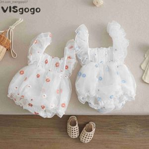 Barboteuses Visgogo bébé filles doux barboteuse manches plissées encolure carrée fleur broderie maille tulle vêtement moulant bébé été mignon princesse vêtements Z230710