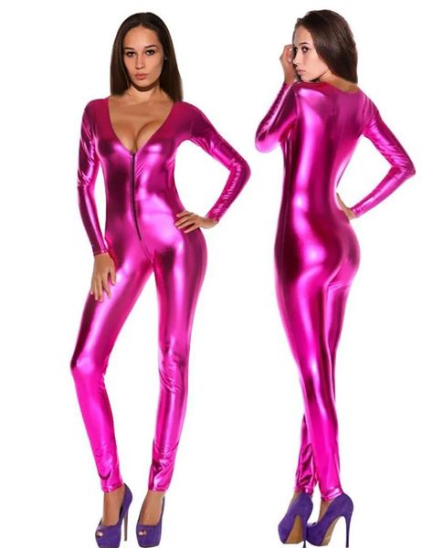 Barboteuses Gros femmes combinaisons barboteuse Sexy solide Latex catsuit noir/argent/or/bleu/Rose fermeture éclair boîte de nuit à manches longues Faux cuir