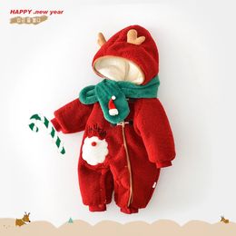 Rompertjes Winter Baby Jongens Kerst Jumpsuit Harig Plus Fluwelen Dikke Capuchon geboren Jongens Rompertjes Met Sjaal Baby Jongens Snowsuit 231129