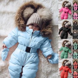 Rompertjes Winterkleding Baby Baby Snowsuit Jongen Meisje Romper Jas Capuchon Jumpsuit Warme Dikke Jas Outfit Kinderen Bovenkleding Babykleding 231005