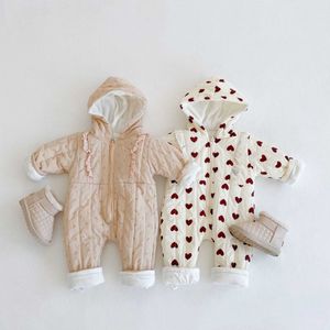 Rompers Winter Pasgeboren Baby Print Fleece Rompers Cute Sweet Boys Girls Hooded Babs -jumpsuits Warm Long Sleeves Kids Outfits J220922