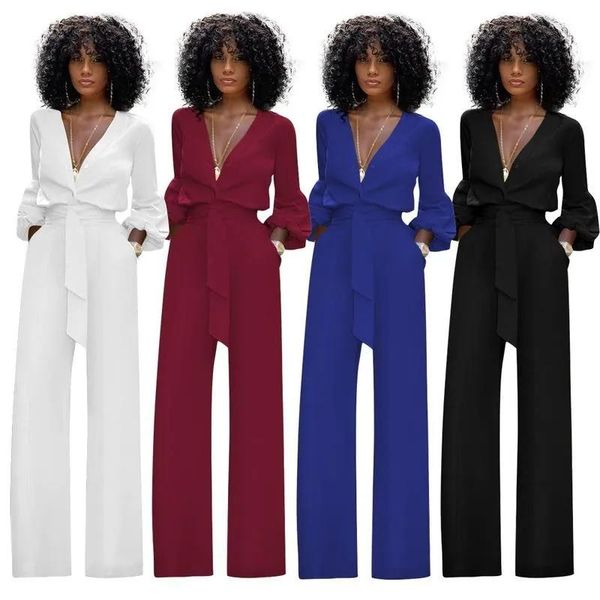 Jumpsuits para mujeres Jumpsuits Jumpsuits Mujeres casuales para mujeres sexy v cuello damas manga larga sólida verano negro azul rojo 85