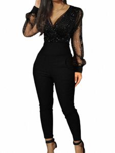Rompers Femmes Combinaison Noir Paillettes élégantes Mesh Glitter Party Night Sexy 2022 Printemps LG Pantalon One Piece Vêtements Salopette M3AS #