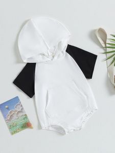 Barboteuses Yingyingni infantile bébé filles garçons à manches courtes vêtements d'été à capuche poche couleur costume (noir 18-24 mois)