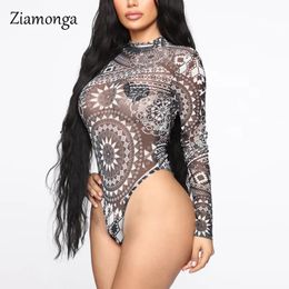 Barboteuses Ziamonga décontracté tatouage imprimer maigre body 2020 automne hiver femmes à manches longues col haut Sexy femme Streetwear salopette