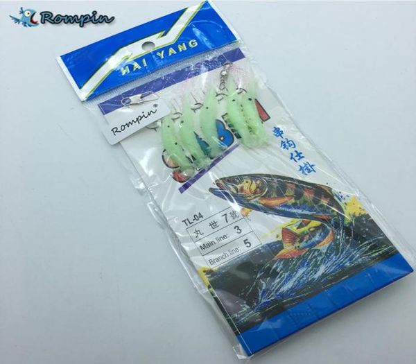 Rompin Luminous Sabiki 5 aparejos para camarones brillo que brilla en la oscuridad peces cebos de pesca señuelo anzuelo afilado señuelo de pesca realista 6054099