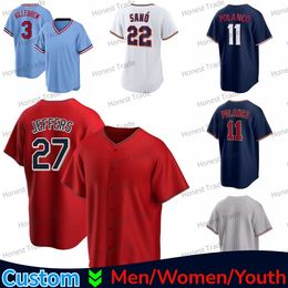 Personalizado Jorge Polanco Jersey Harmon Killebrew Miguel Sano Joe Mauer Max Kepler Willians Jake Cave Blanco Rojo Gris Camino Cosido Jerseys 2022 2023