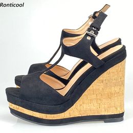 Rontic 2021 fait à la main femmes t-strap plate-forme sandales Sexy boucle talons compensés bout ouvert élégant noir chaussures décontractées taille américaine 5-20