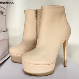 Rontic 2021, botines de plataforma de invierno hechos a mano para mujer, tacón de aguja con cremallera, punta redonda, zapatos de diario Beige de talla grande de EE. UU. 5-20