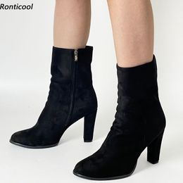 Rontic personalizar disponible nuevos botines hechos a mano para mujer bloque tacones gruesos punta redonda zapatos de fiesta negros tamaño 35-52