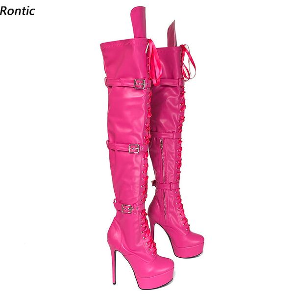 Rontic personnalisé femmes hiver longues bottes plate-forme talons aiguilles bout rond belle Fuchsia Cosplay chaussures taille 5-20