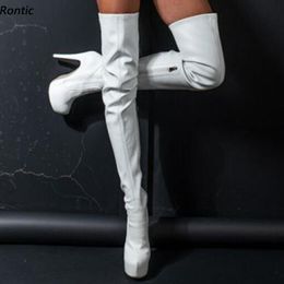 Rontic mode femmes printemps bottes de cuisse flexibles fermeture éclair latérale talons aiguilles bout rond fabuleux chaussures de fête blanches taille américaine 5-20