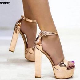 Sandálias femininas com plataforma Rontic, feitas à mão, unissex, couro envernizado, salto bloco, dedo aberto, lindos sapatos dourados tamanho US 5-20
