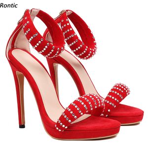 Rontic Handmade Women enkelriem Sandalen Zipper Faux suede sexy stiletto hiel open teen mooie rode roze jurk schoenen ons maat 5-16