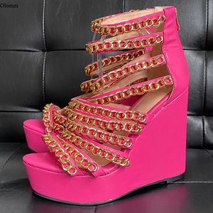 Rontic fait à la main femmes gladiateur sandales chaîne fermeture éclair talons compensés bout ouvert Fuchsia rouge violet chaussures de fête femmes US grande taille 5-20