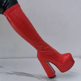RONTIC handgemaakte vrouwen platform knie laarzen flexibele kant rits dikke hakken ronde neus zwart rood wit party schoenen US maat 5-15