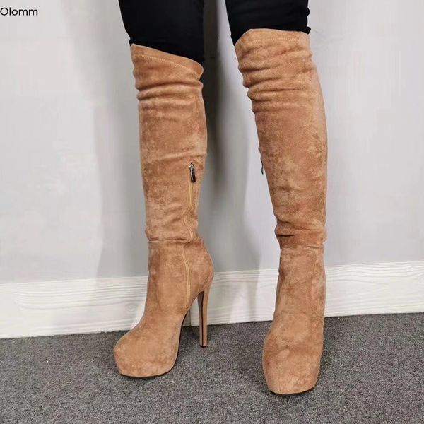 Rontic-Botas hasta la rodilla con plataforma hechas a mano para mujer, botas finas de tacón alto, zapatos de color Camel con encanto y punta redonda, talla grande de EE. UU. 5-15