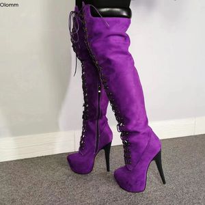 Rontic fait à la main femmes plate-forme sur le genou bottes minces talons hauts bottes bout rond violet chaussures de fête femmes Plus taille américaine 5-20