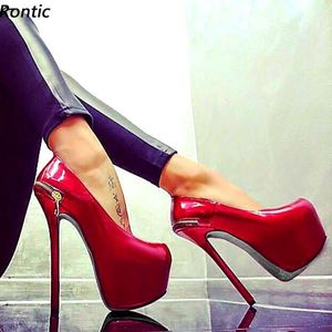 Zapatos de plataforma Rontic hechos a mano para mujer, zapatos de tacón de aguja con cremallera de charol, punta redonda, hermosos zapatos de fiesta rojos para mujer, tallas de EE. UU. 5-20