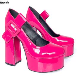 Zapatos de plataforma Rontic hechos a mano para mujer, tacones altos cuadrados brillantes, punta redonda, preciosos zapatos de fiesta fucsia amarillo Borgoña, talla estadounidense 5-15