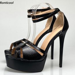 Rontic – sandales à plateforme faites à la main pour femmes, lanière à la cheville, talons aiguilles, bout ouvert, belles chaussures noires de Cosplay de fête, taille américaine 5-20