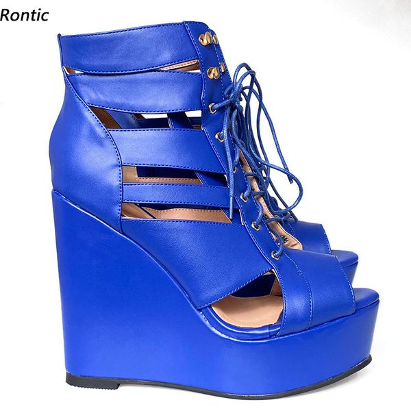 Rontic fait à la main femmes plate-forme sandales unisexe confort talons compensés Peep Toe joli bleu rouge fête Cosplay chaussures taille américaine 5-20