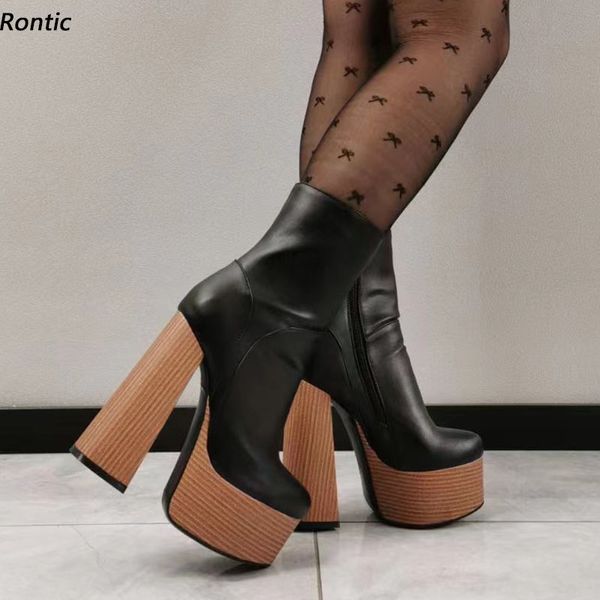 Rontic, botines de invierno hechos a mano para mujer, plataforma de piel sintética, corcho, tacón grueso, punta redonda, elegantes zapatos de fiesta negros, tallas de EE. UU. 5-15