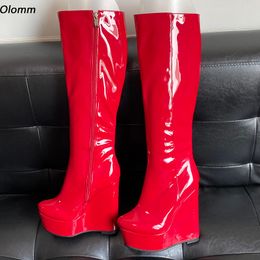 Rontic, botas hasta la rodilla de invierno hechas a mano para mujer, charol con cremallera lateral, cuñas, tacones, punta redonda, zapatos de fiesta rojos y negros, tallas grandes de EE. UU. 5-20