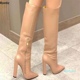 Rontic Handmade Women Winter Knie Boots Side ritssluiting