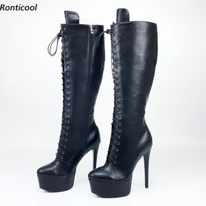 Rontic haute qualité femmes hiver genou bottes imperméable talon aiguille bout rond Boutique noir robe chaussures Plus taille américaine 5-20