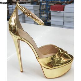Rontic – sandales à plateforme en cuir verni pour femmes, faites à la main, talons aiguilles, bout ouvert, magnifiques chaussures de soirée dorées et argentées, taille américaine 5-20