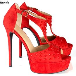 Rontic chaud à la main femmes plate-forme sandales t-sangle Sexy clouté talons aiguilles bout ouvert magnifique rouge fête chaussures taille américaine 5-20