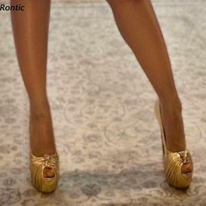 RONTIC MODERNE MODION Dames Platform Pumps Sexy Stiletto Hakken Peep Toe Gorgeous Gold Party Shoes US Size 5-20