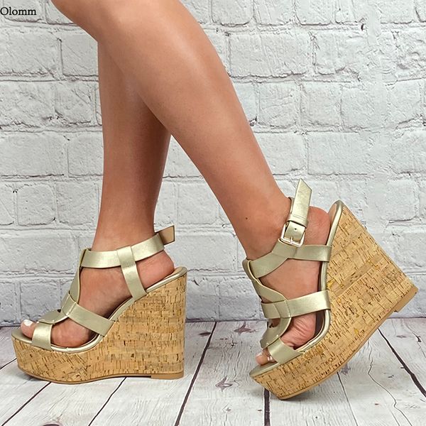 Rontic, recién llegado, sandalias de plataforma para mujer, sandalias de gladiador sexis con cuña y tacón abierto, zapatos de fiesta dorados y plateados para mujer de talla grande 5-20